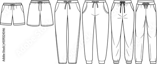 Men’s shorts and jogger pants flat sketch, front view fashion CAD template for loungewear and activewear, technical vector illustration