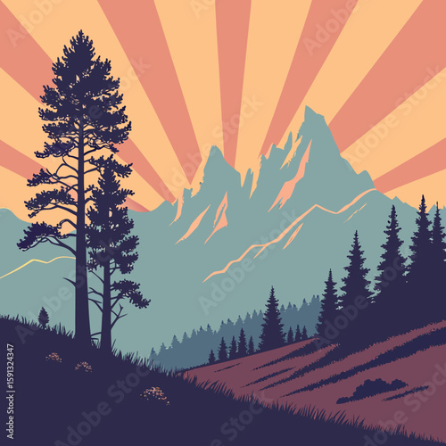 Illustration of a mountain landscape with tall trees and a radiant sun in a retro style design scheme