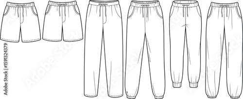 Men’s jogger pants and shorts flat sketch front view, technical fashion CAD design template, vector apparel illustration for clothing brands