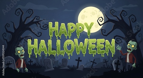 Spooky Halloween Celebration with Zombies and a Full Moon in a Graveyard Illustration