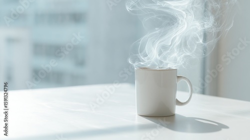 Steaming mug on a bright table near a window