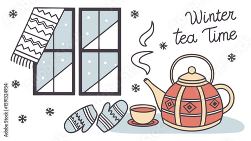 Cozy Winter Tea Time Illustration:  A whimsical hand-drawn style featuring a steaming teapot, warm mittens, a snowy window view, and a cozy blanket, perfect for holiday or winter themed designs.