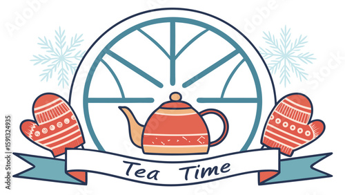 Cozy Winter Tea Time Illustration:  A whimsical teapot nestled within a stylized window, flanked by mittens and snowflakes, perfect for seasonal branding or holiday designs.