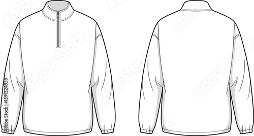 Quarter zip pullover sweatshirt front and back view, clean flat sketch for men’s fashion design, CAD technical vector illustration