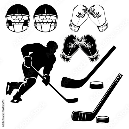 Dynamic hockey player with protective gear and equipment illustration