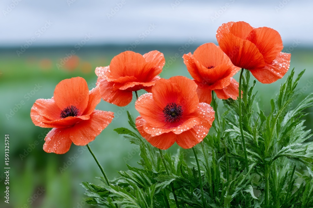 Obraz premium Red poppies blooming in the field after the rain