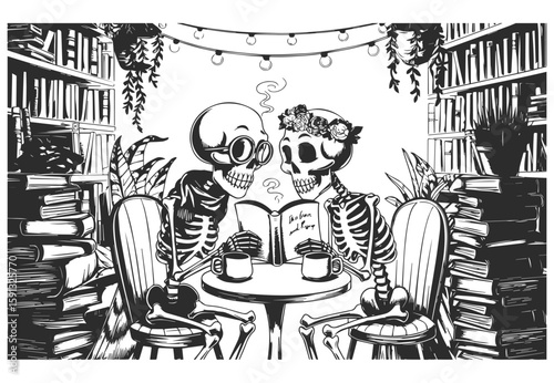 Skeletons reading books in a library representing intellectual curiosity and knowledge
