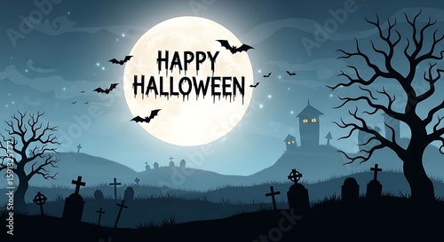 Spooky Halloween Night Landscape with Full Moon and Bats in Silhouette over Graveyard