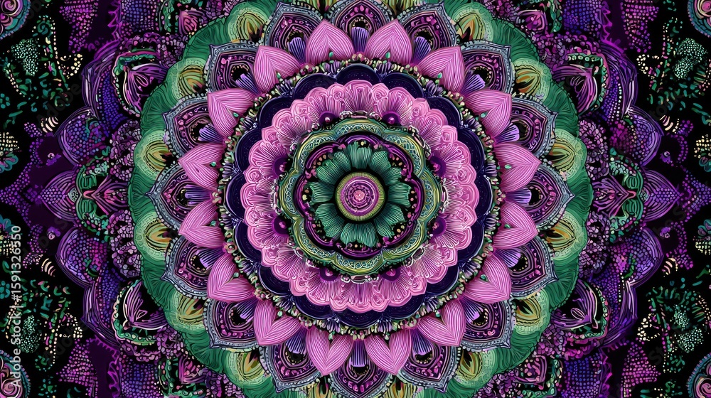 Obraz premium Vibrant Mandala Pattern in Purple and Green Color Scheme