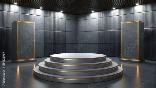 Minimalist cylindrical pedestals with natural wood tops on a bright background