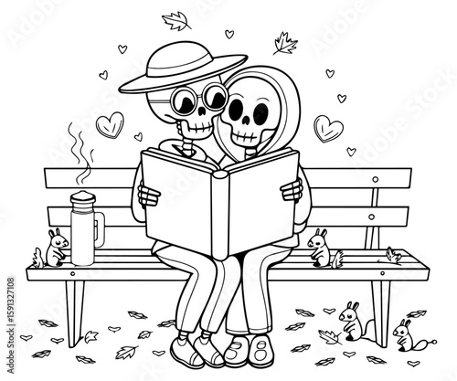 Artistic line drawing of two skeletons interacting with a book in a creative composition