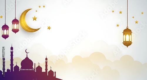 Islamic Celebration with Mosque Silhouette, Crescent Moon, and Hanging Lanterns for Festive Greeting