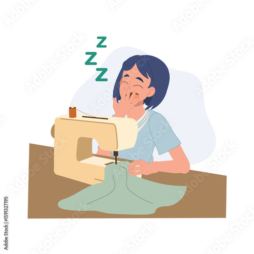 tired woman works late sewing with machine looking sleepy and fatigued after long hours in home studio