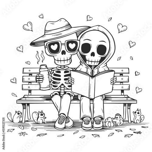 Two skeletons enjoying a book together on a park bench with a small mouse nearby