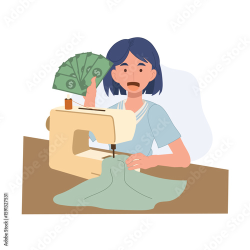 successful woman sewing and holding money fan to show handmade business income in home fashion studio