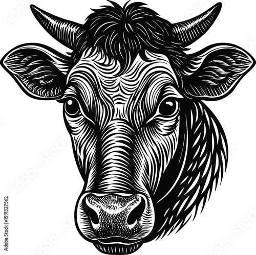 Black and white cow head with detailed fur and horns bovine animal