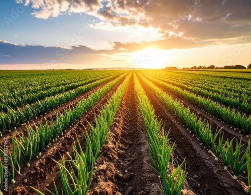 Lush green onion field at sunset