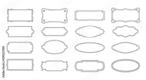 An assortment of elegant, vintage-style labels and frames, perfect for design projects, with various shapes and decorative borders, isolated on a white background.