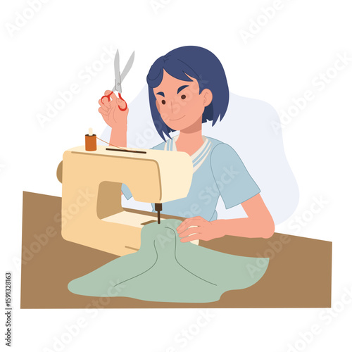 confident woman sewing with machine and scissors in creative workspace for fashion design and textile craft