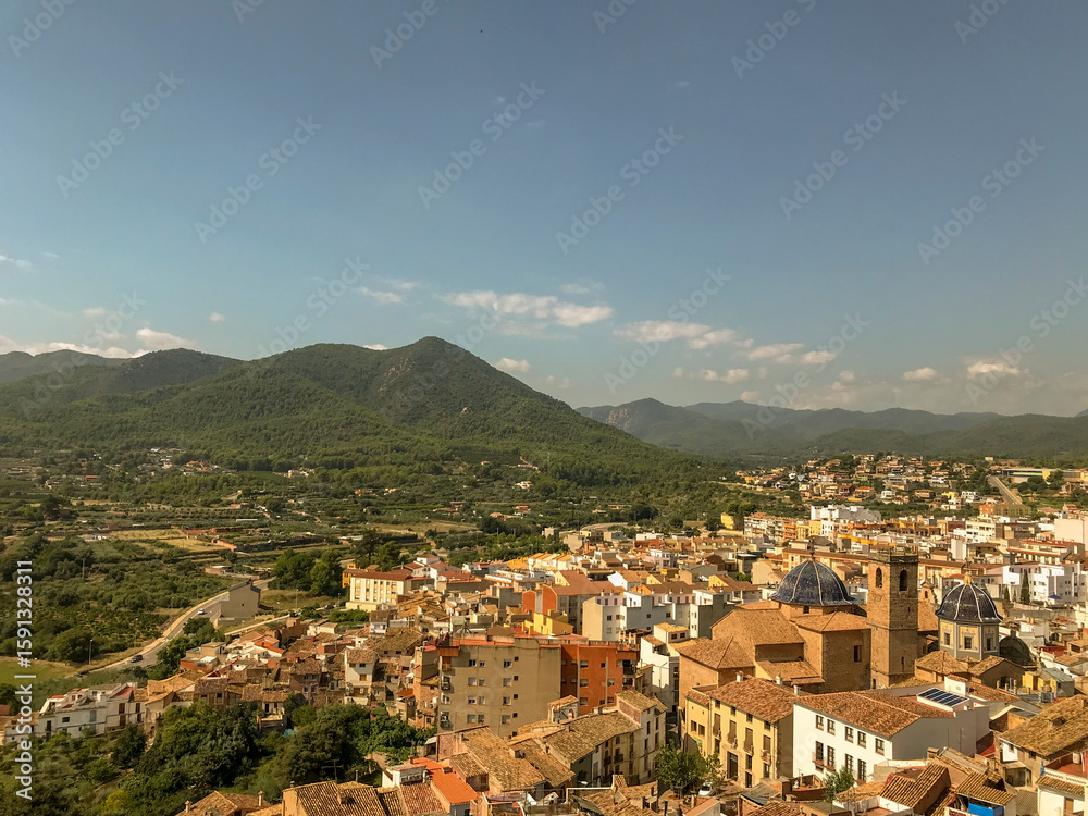 Fototapeta premium aerial image of a part of the city surrounded by mountains and pine forests