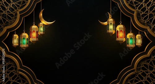 Ramadan Golden Lanterns and Crescent Moon Design for Festive Celebrations and Greeting Backgrounds