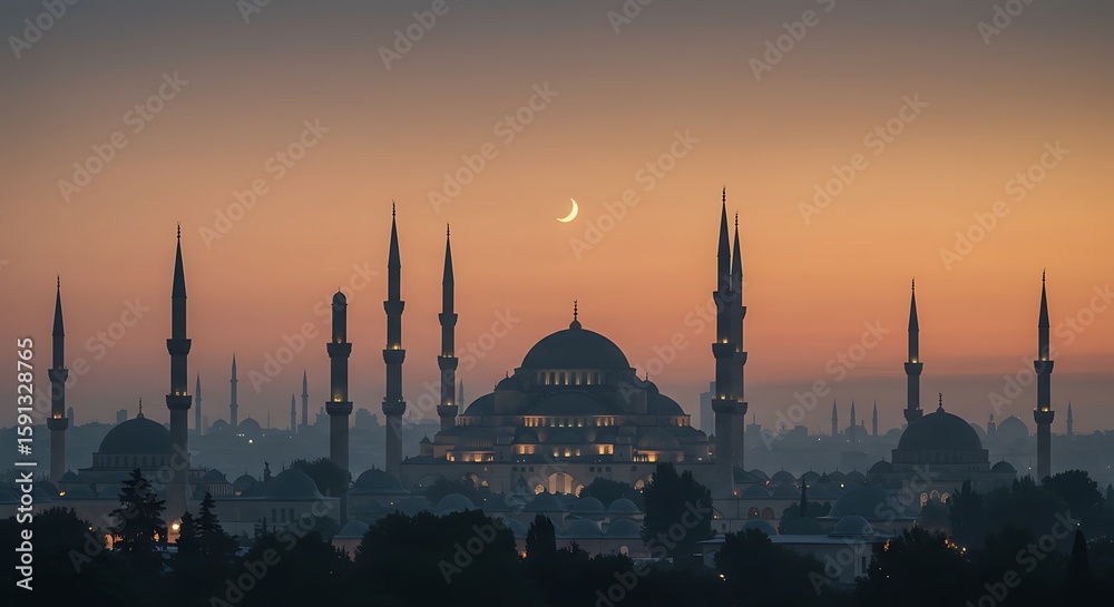 Naklejka premium Mosque at Dusk A Serene Skyline Silhouette with a Crescent Moon, Capturing the Beauty and Tranquility of Islamic Architecture