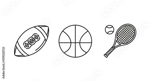 Line art illustration showing an American football, a basketball, and a tennis ball with a racket, all arranged in a row.