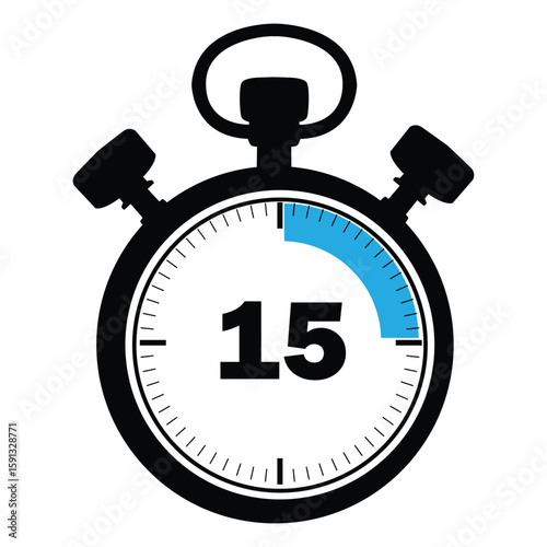Stopwatch icon showing 15 seconds, blue and black stopwatch illustration, circular stopwatch with 15 seconds mark, ,modern stopwatch icon for productivity and sports on white background.
