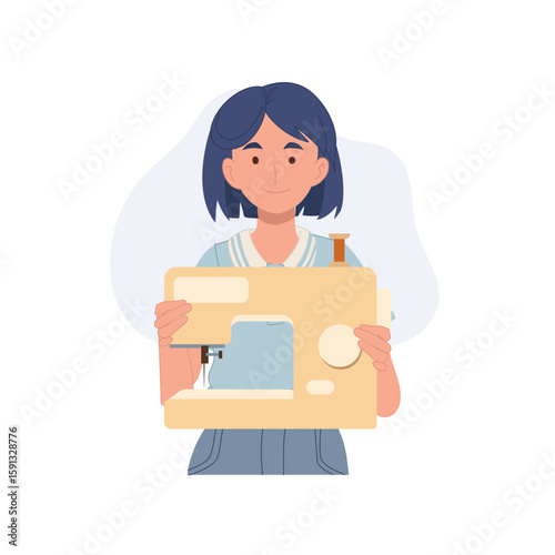 A young cartoon girl holds a sewing machine with a smile. perfect for depicting hobbies, fashion design, or small sewing businesses at home.
