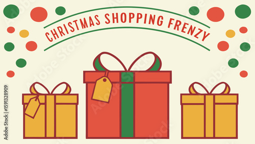 Christmas Shopping Frenzy: Festive Retro Gift Boxes,  Bold Line Art Style, Cheerful Holiday Mood,  Perfect for Seasonal Sales and Promotions,  Website Banners, and Social Media Graphics.