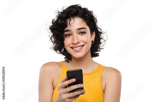 Happy Latin American Woman Using Smartphone with One Hand, Direct Eye Contact, Close-Up Portrait, Transparent Background