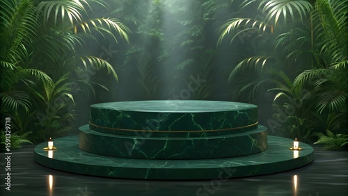 Empty black podium surrounded by lush green tropical jungle foliage