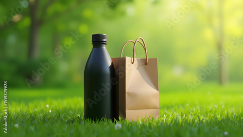 Black Bottle and Brown Paper Bag on Fresh Green Grass in Sunlit Park