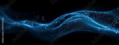 Abstract blue waves with glowing particles on a dark background, an AI technology concept. Big data visualization
