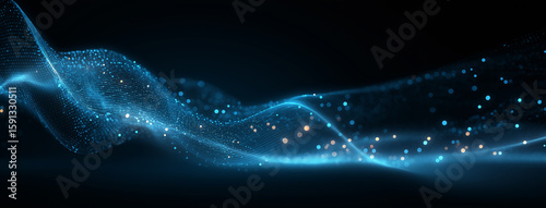 Abstract blue waves with glowing particles on a dark background, an AI technology concept. Big data visualization