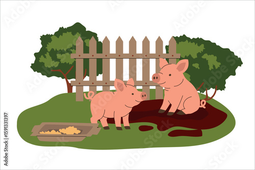 Cute cartoon piglets playing in a muddy farmyard near a wooden fence and trees. Simple flat style illustration with a feeding trough, green grass, and rural background. Vector illustration