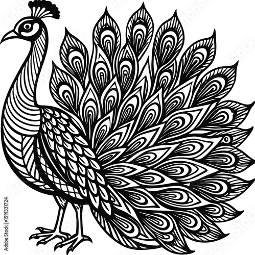 Ornate black peacock displaying elaborate tail feathers bird white