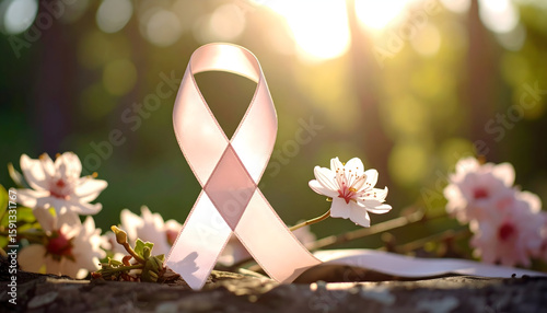 Pink Ribbon with Spring Blossoms in Sunlight