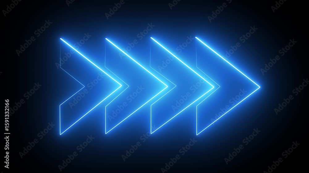 blue neon right arrow icon animation, 4 arrow animated,Neon arrow doing direction information animation on black background