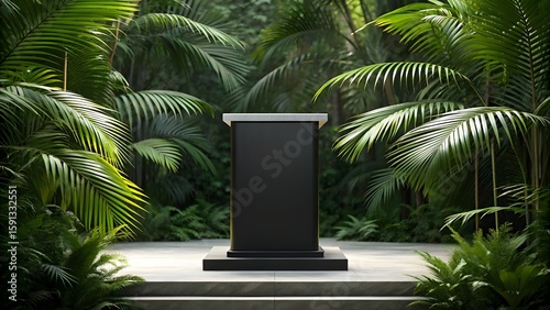 Empty black podium surrounded by lush green tropical jungle foliage