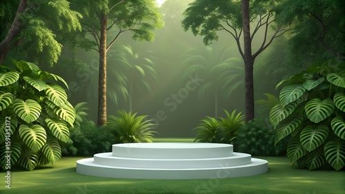 Empty black podium surrounded by lush green tropical jungle foliage