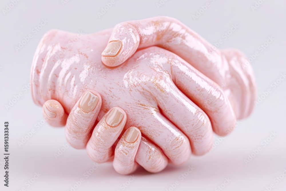 Fototapeta premium Two pink textured hands with neutral polish on nails shaking hands against a clean white background