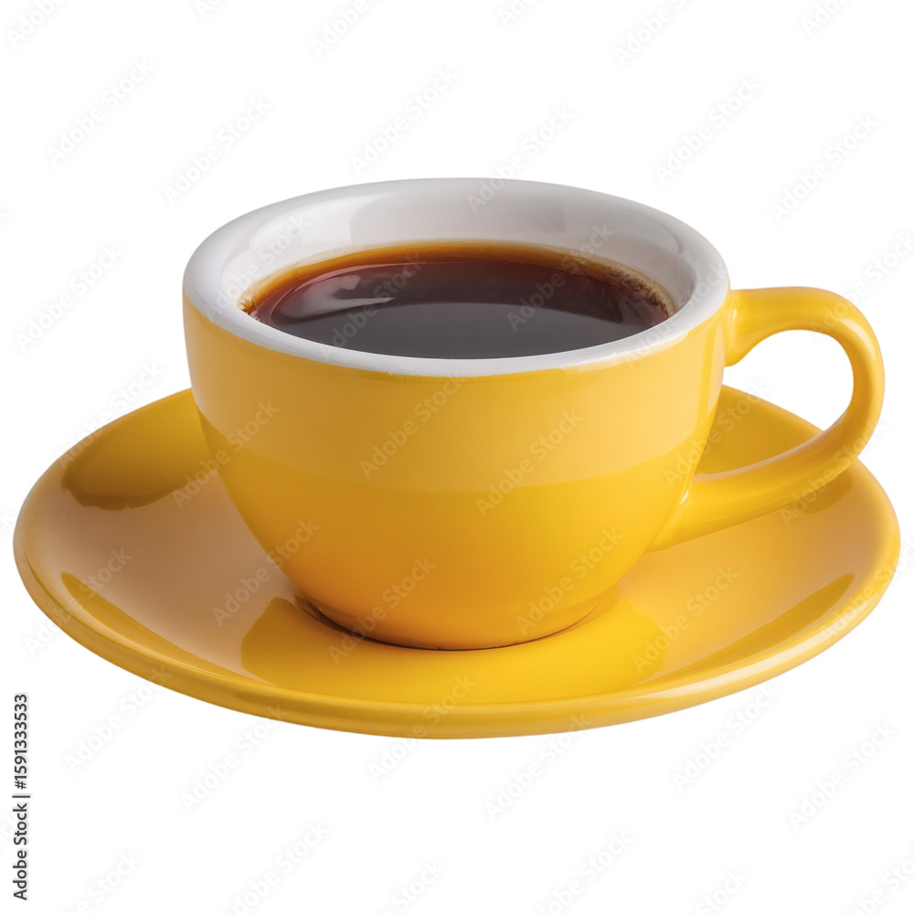 Obraz premium Yellow Coffee Cup with Black Coffee and Saucer on Transparent Background