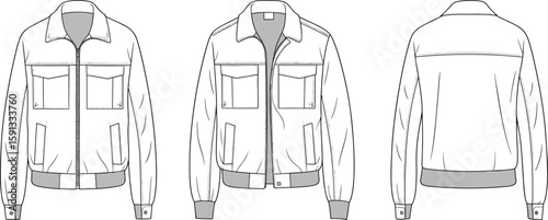 Technical flat sketch bomber jacket front and back view, detailed vector illustration, fashion cad drawing, menswear design template, clothing