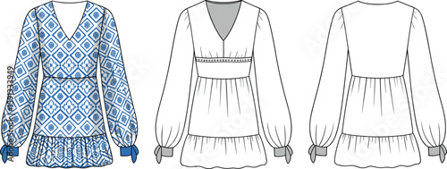 Trendy women's blouse fashion sketch, CAD drawing technical illustration, long sleeve V-neck design, flat vector apparel template, front back view