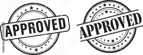 Two Black Approved Stamps With Stars And Grunge Texture, approved, stamp, grunge, texture, black and white, graphic, seal, rubber stamp, vector, design element, official, confirmation, acceptance, end