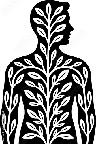 Bold black silhouette of human profile with internal plant veins and leaves symbolizing holistic natural health and energy flow concept