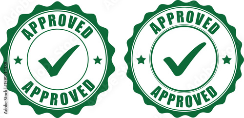 Two green approved stamps with checkmarks and stars, approved, stamp, checkmark, green, white, seal, badge, confirmation, agreement, success, quality, certification, verified, endorsement, guarantee, 