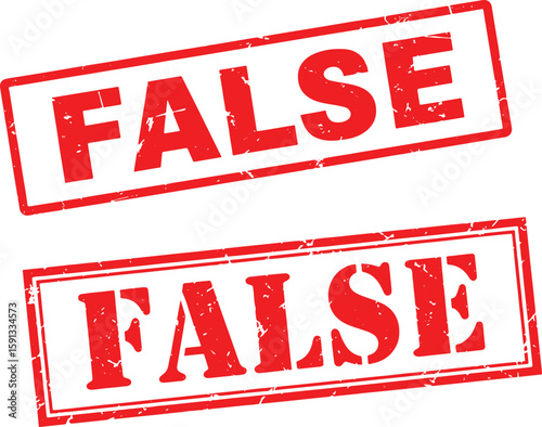 Two red distressed stamps with the word F A L S E false, false, stamp, red, grunge, text, word, label, mark, sign, symbol, rejection, error, incorrect, wrong, negative, no, not, cancel, denied, invali