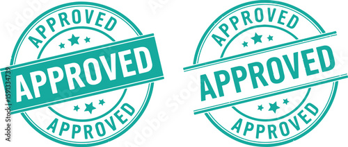 Two Teal Approved Stamps With Stars seal certification, approved, stamp, seal, certification, endorsement, confirmation, acceptance, authorization, verification, quality, guarantee, document, paper, g
